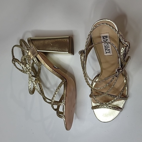 BADGLEY MISCHKA Strappy Ankle Wrap Block 4" Heel Pumps Sandals Almond Toe - Picture 10 of 10